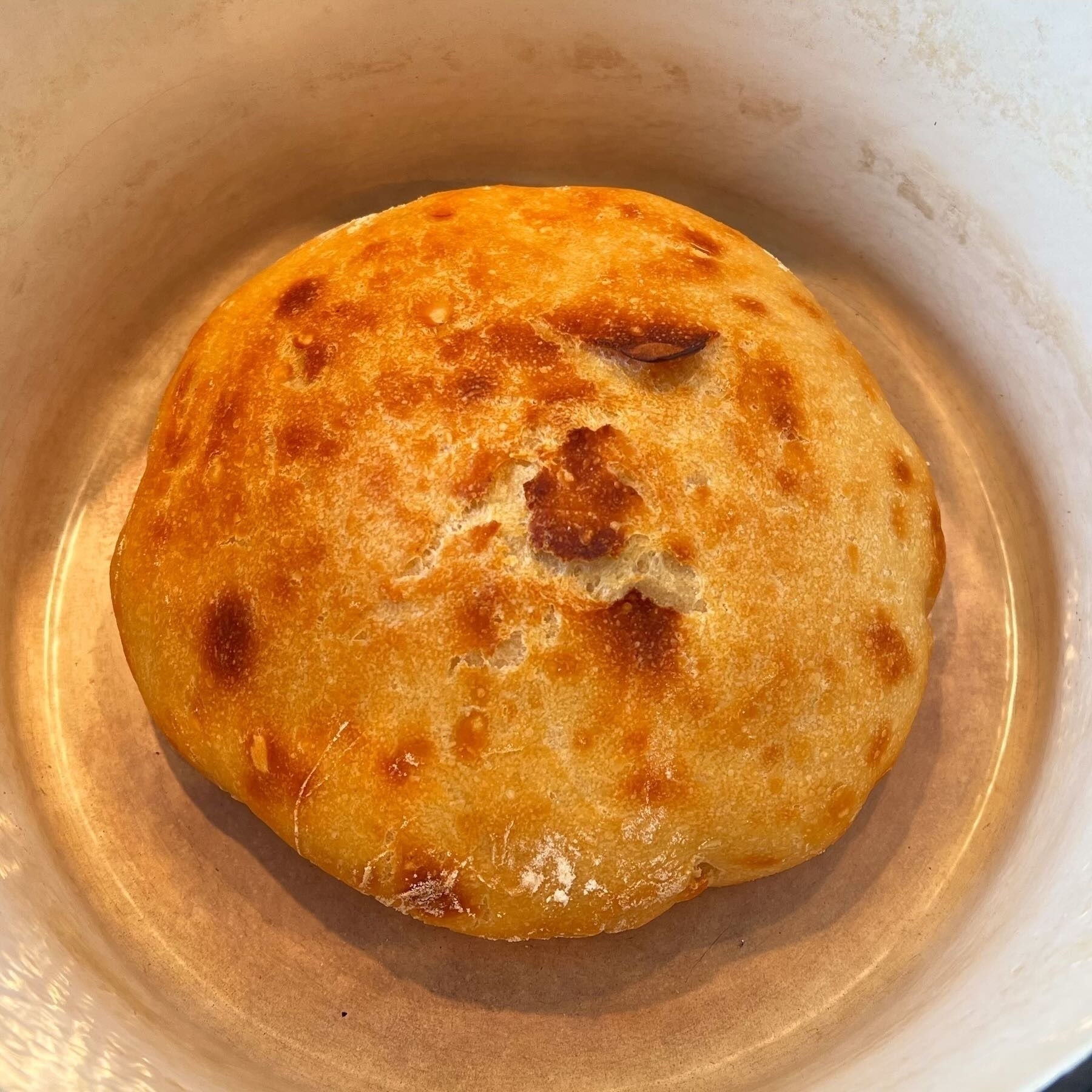 Round loaf of cooked bread.