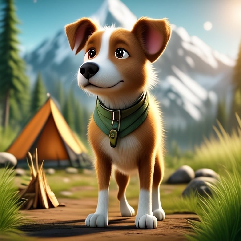 Small brown and white dog in animation style with tent and mountains in the background.