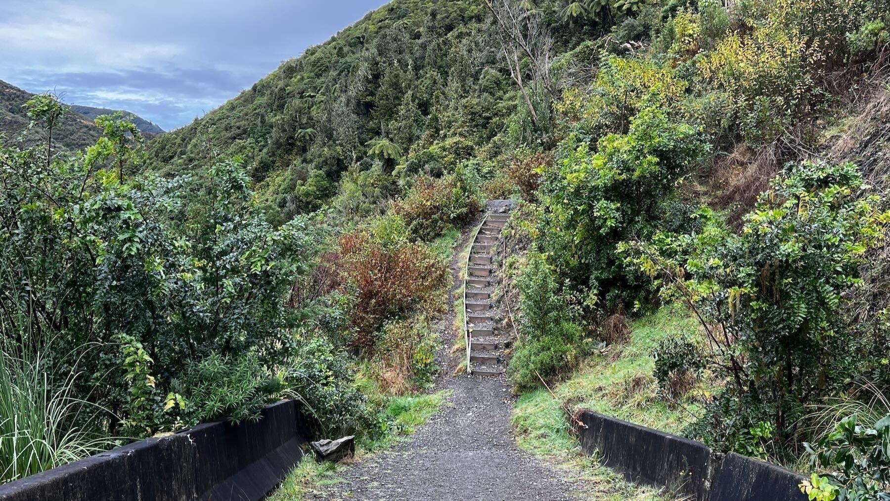 Steps with a rope hold cross the slip. Lush green hills behind. 