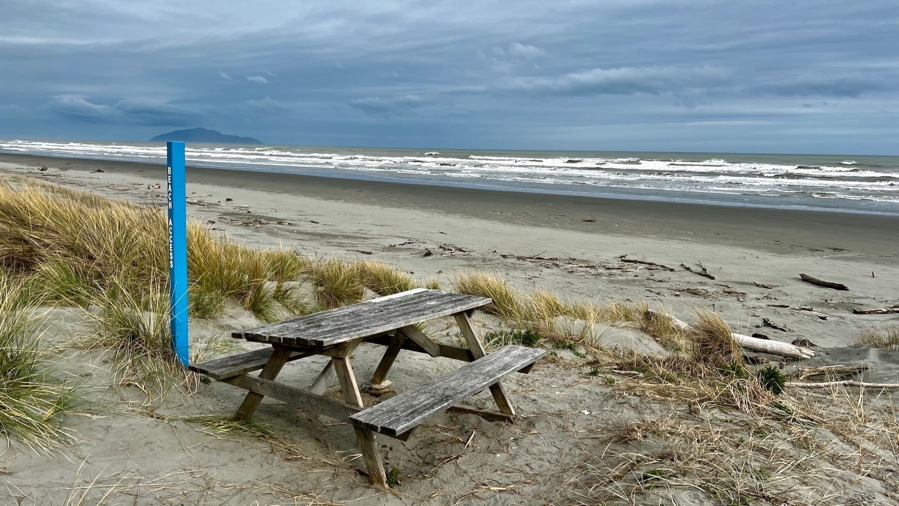 Picnic table and track marker pole on the dune just above the beach.