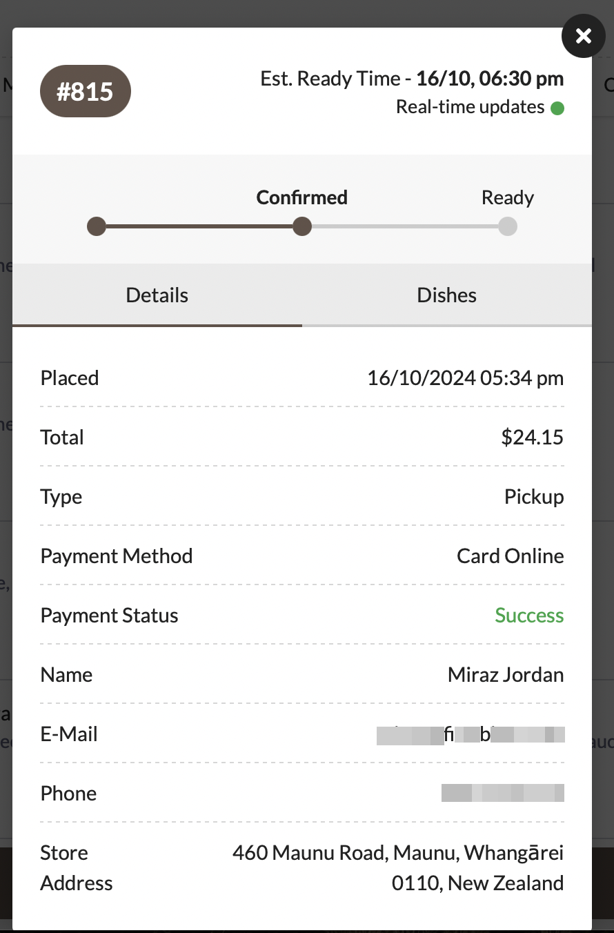 Screenshot shows status of pizza order. 