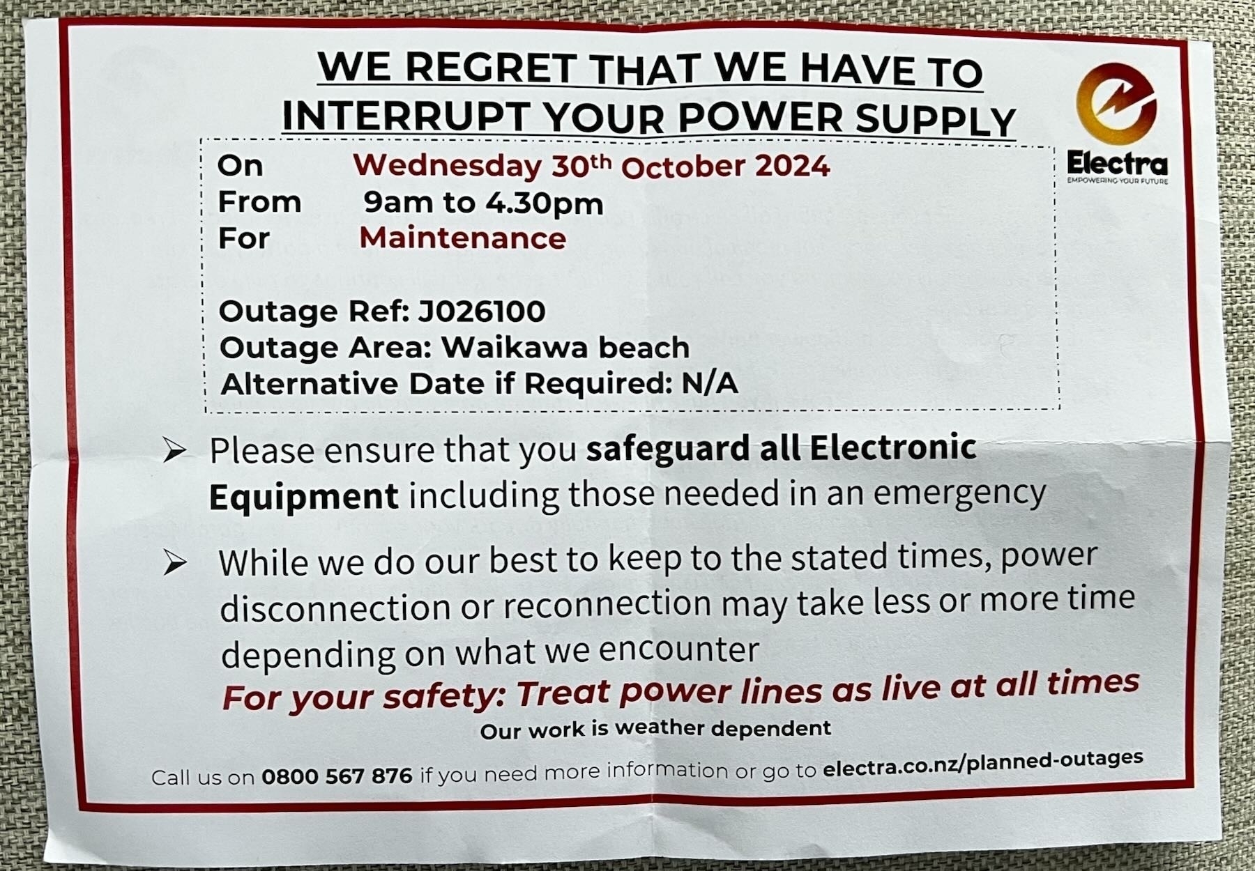 Notice of Power cut all day 23-Oct-2024.