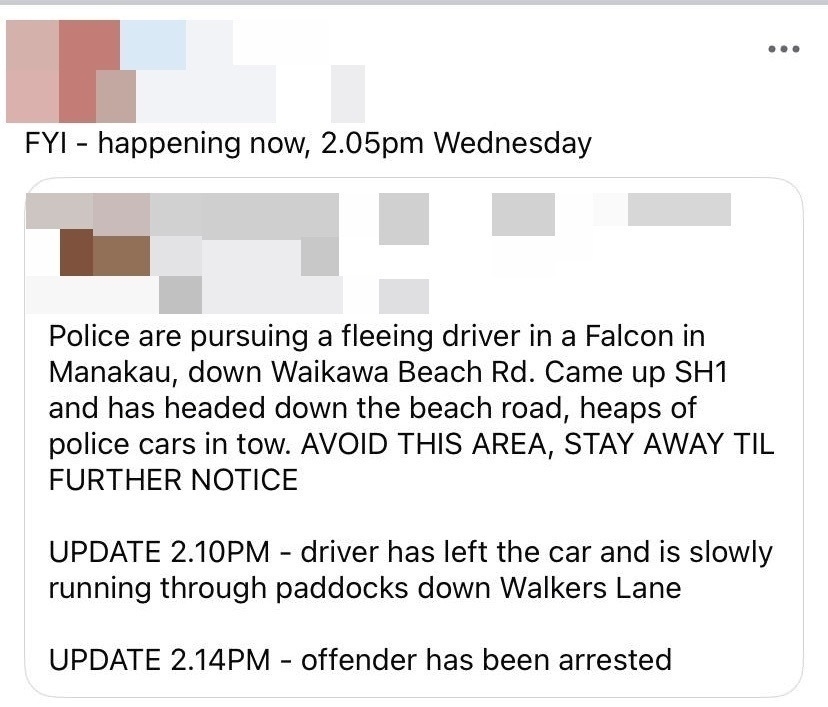 Screenshot of a Facebook post about a police pursuit of a fleeing driver at Waikawa Beach. The driver was quickly arrested. 