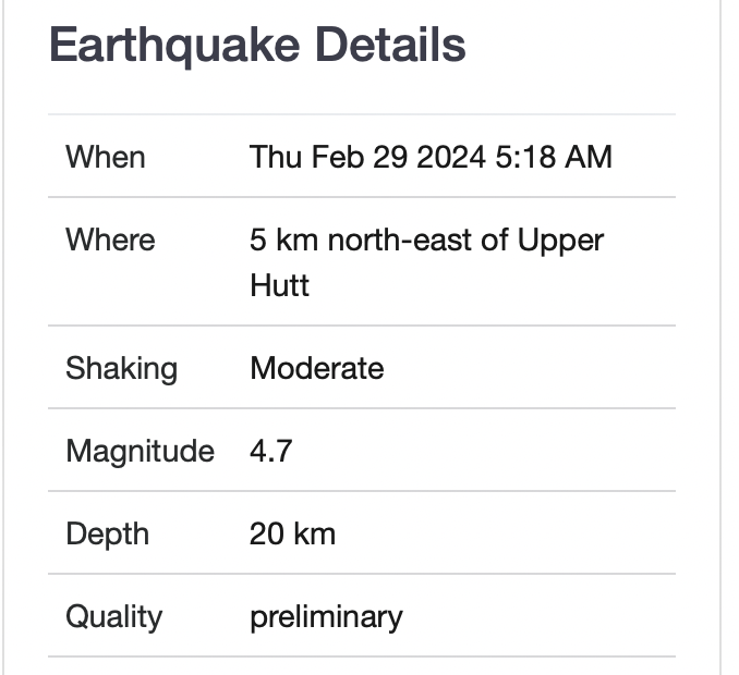 Quake details: date, location, magnitude etc. 