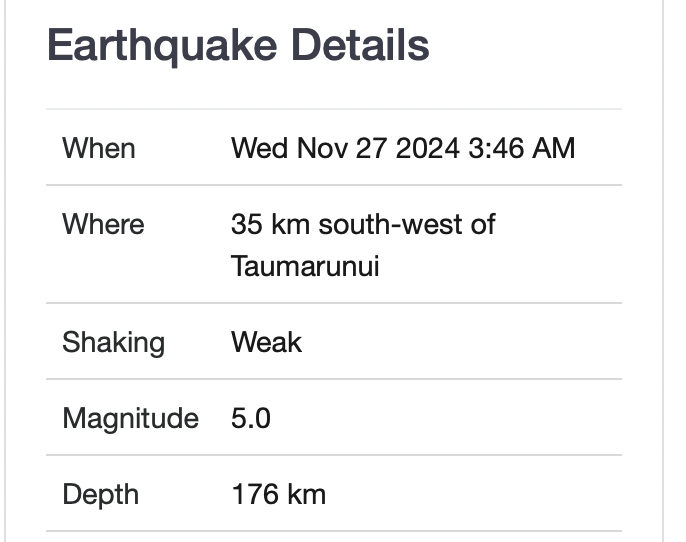 When: Wed Nov 27 2024 3:46 AM; Where: 35 km south-west of Taumarunui; Shaking: Weak; Magnitude: 5.0; Depth: 176 km