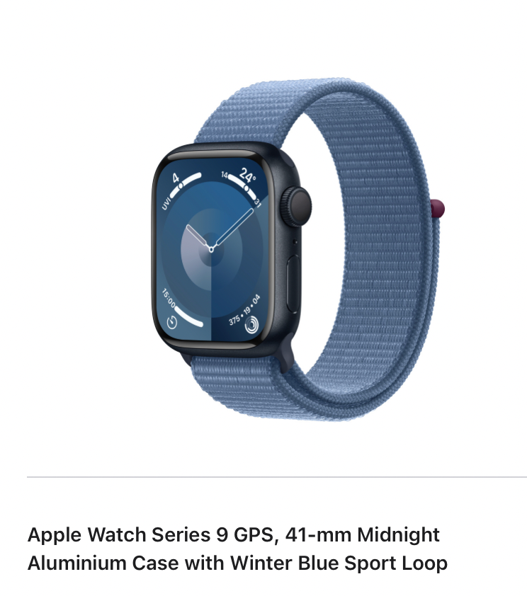 Apple Watch Series 9 GPS, 41-mm Midnight Aluminium Case with Winter Blue Sport Loop. 