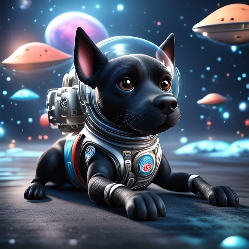 Small animation style black dog in astronaut suit with space scifi background.