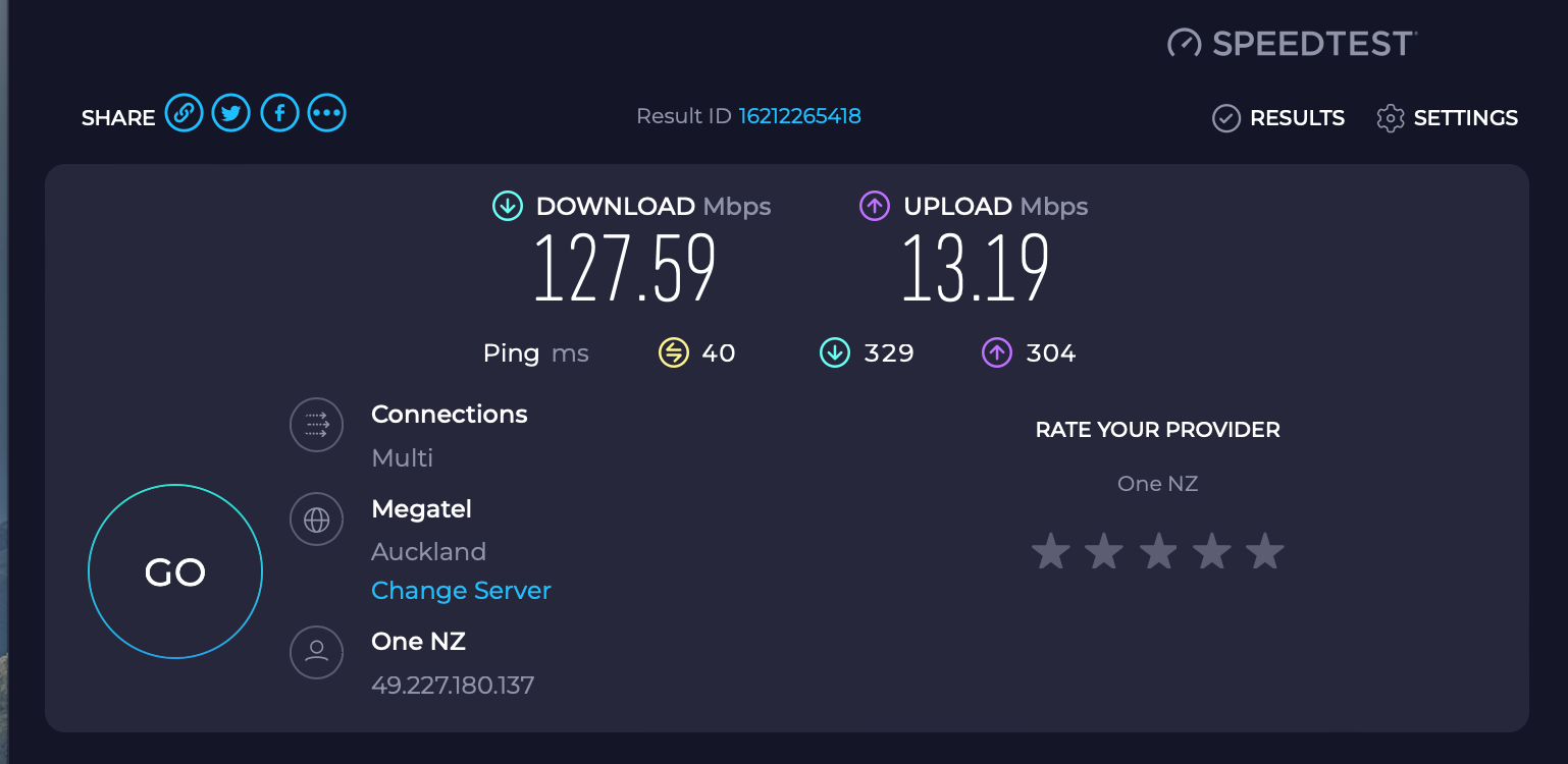 Speedtest results screen shows 127.59  Mbps upload and 13.19 Mbps download. 