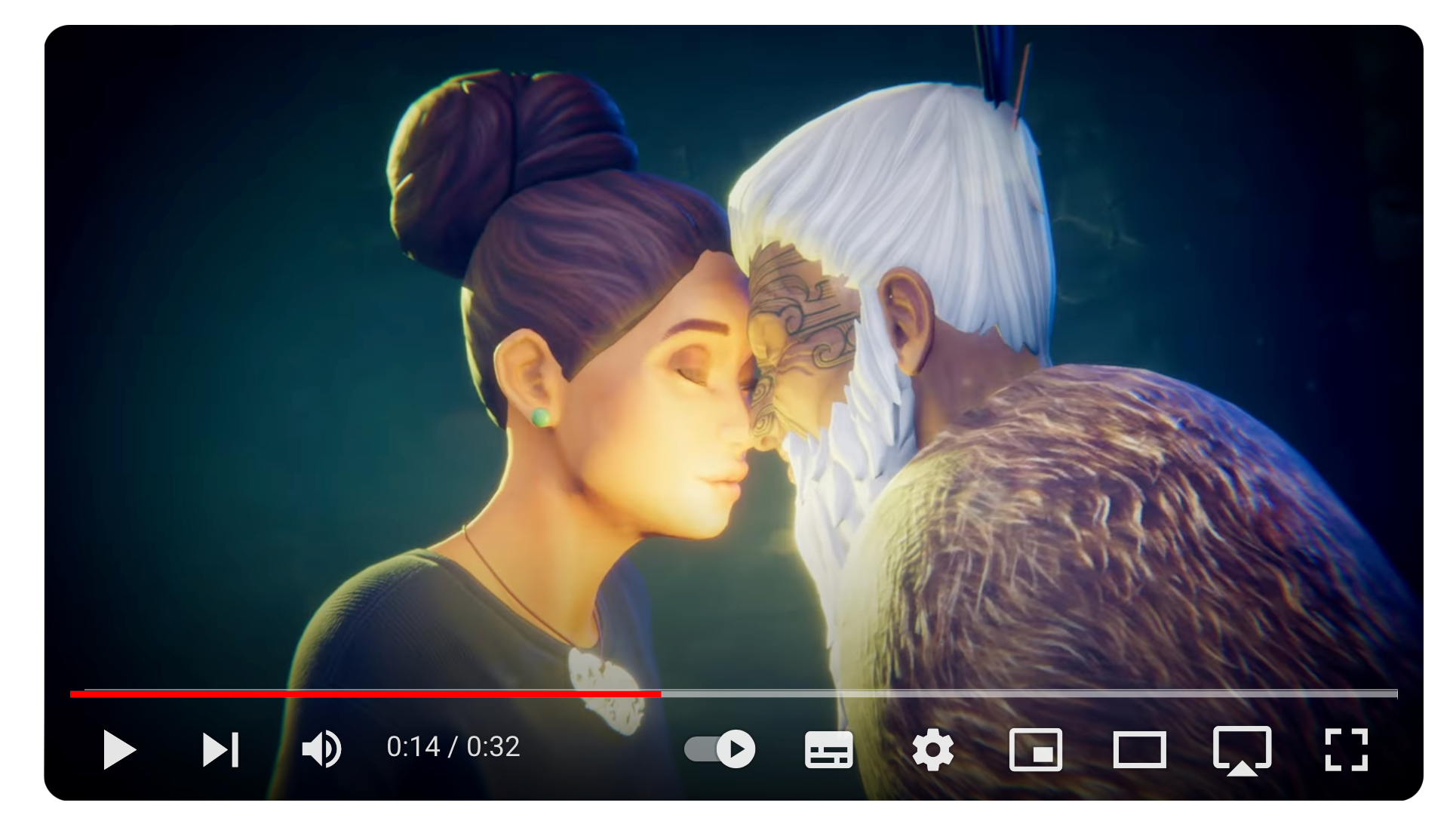 Screenshot from trailer shows a young Māori woman and an older Māori man engaged in a hongi (pressing foreheads together to share breath).