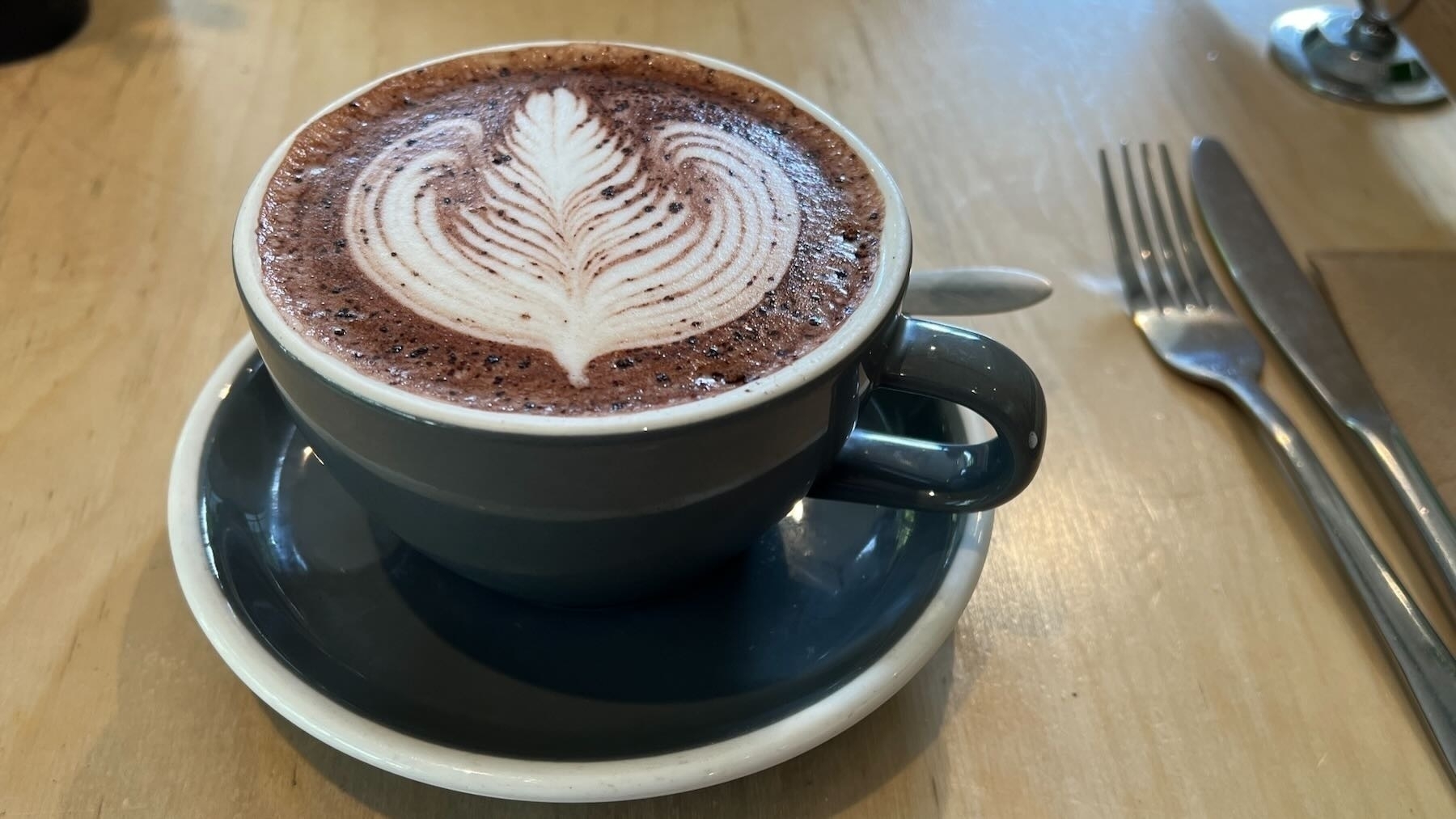 Cop of hot chocolate with a leaf pattern in the foam. 