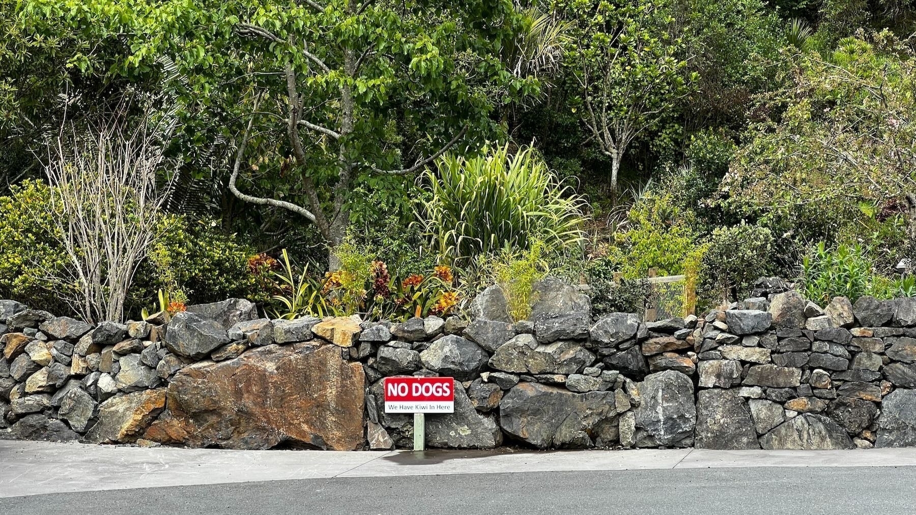 Sign below garden greenery: No Dogs, we have kiwi in here.