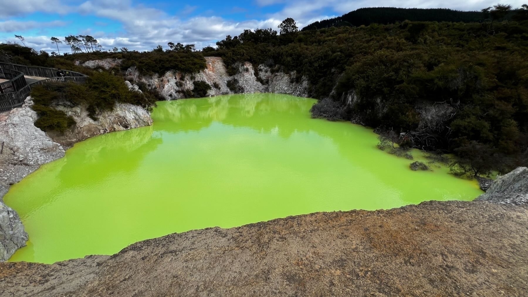 Bright yellow green lake in a crater, surrounded by white rock and dark green bush. 