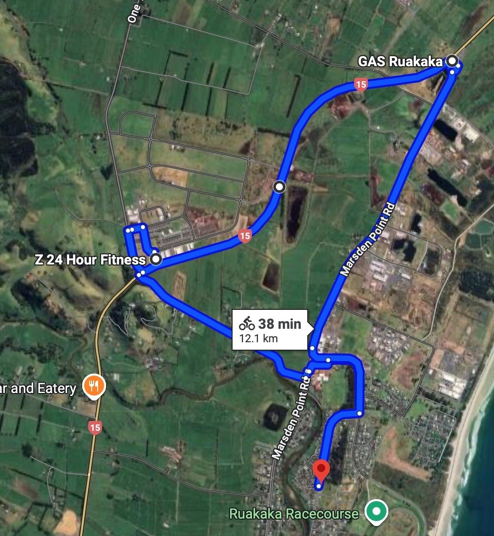 Map shows a roughly triangular route for a bike ride.