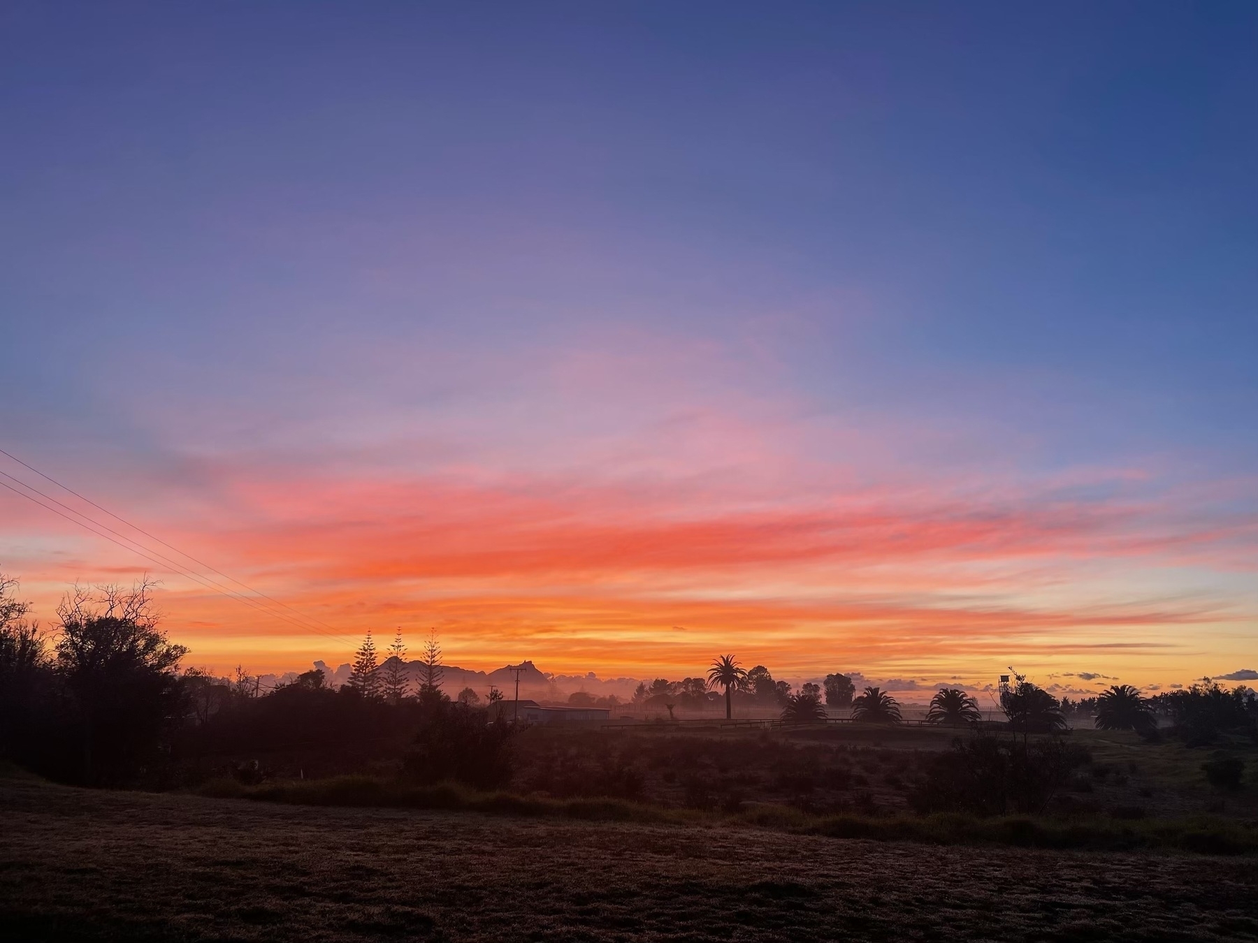 Red and blue sky of sunrise with a mountain and trees.