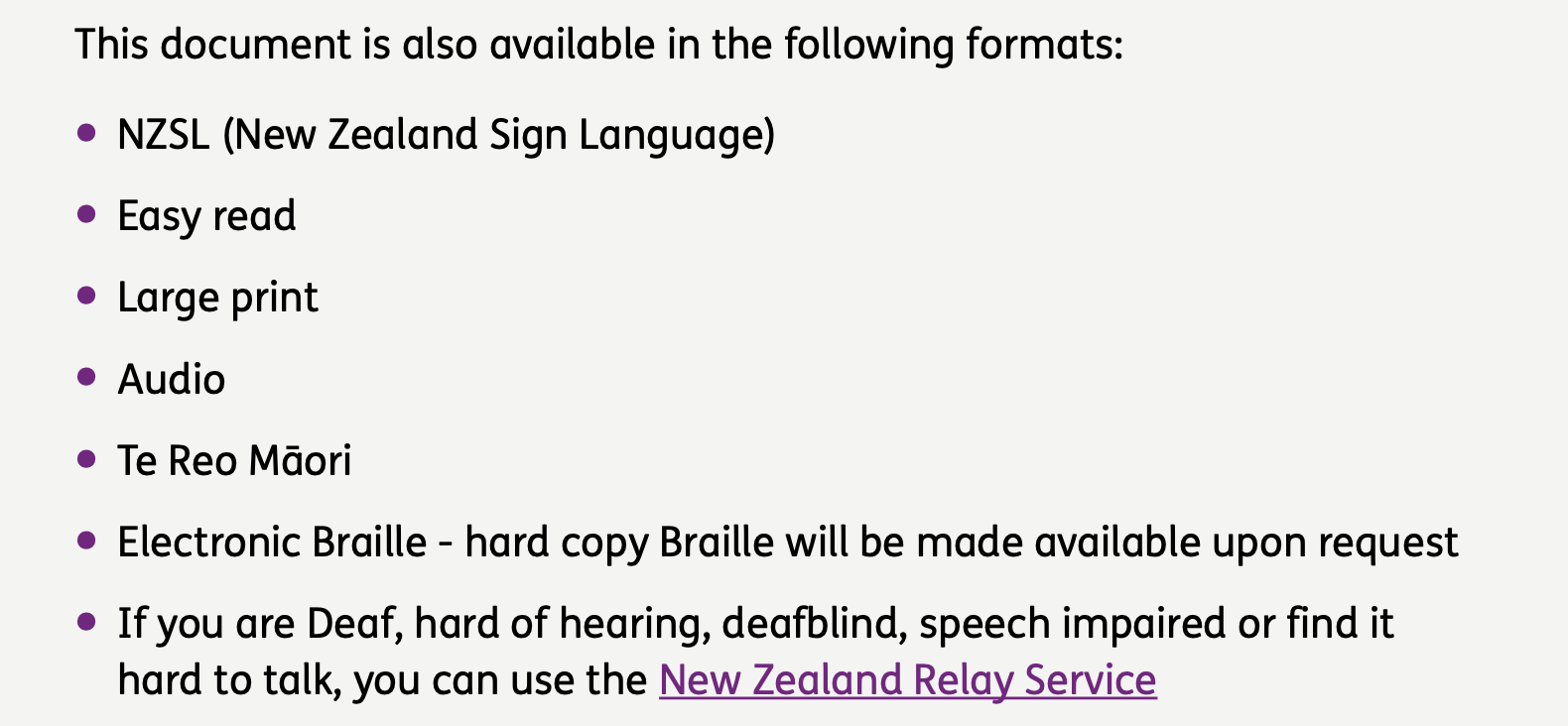 Screenshot shows 7 other formats for the document include sign language, large print, audio, electronic braille. 