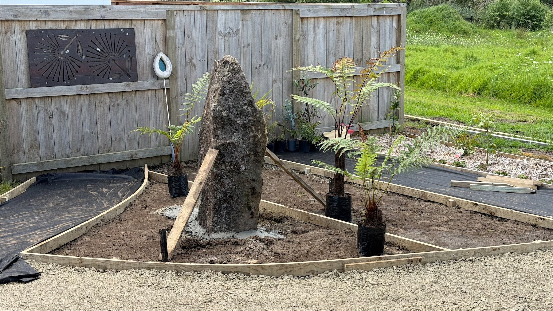 1.2 metre tall rock with fence behind and ferns in pots nearby.