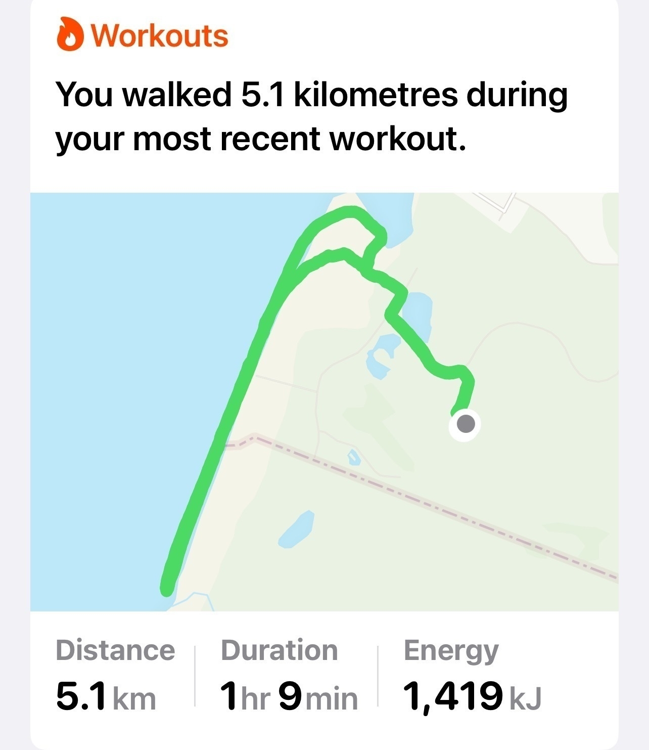 Map shows route for walk, with stats below: distance 5.1Km; duration 1 hour 9 minutes; Energy: 1419 kJ. 