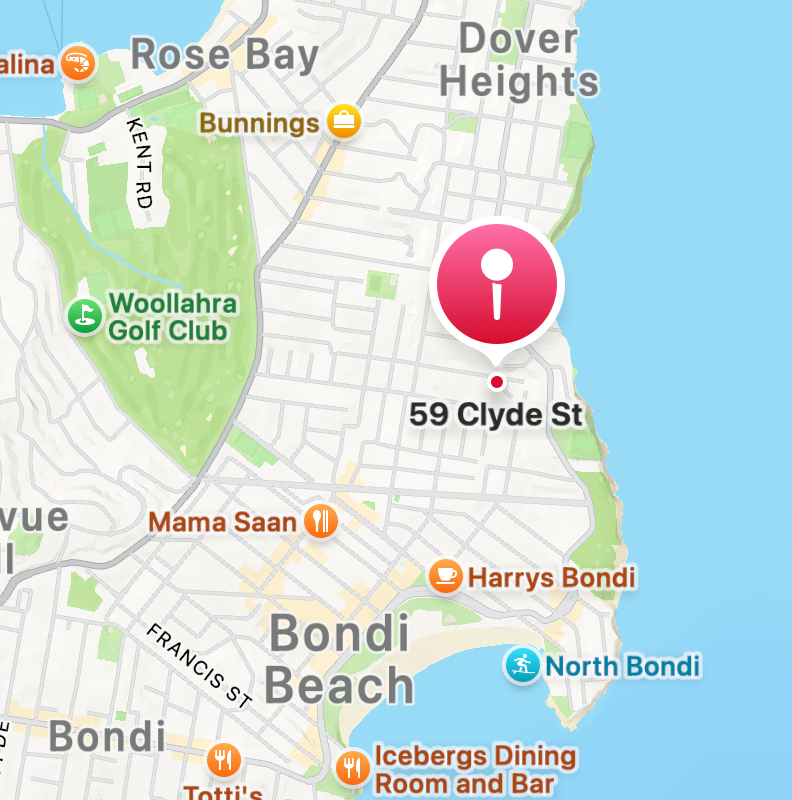 Map of the Bondi Beach area in Sydney.