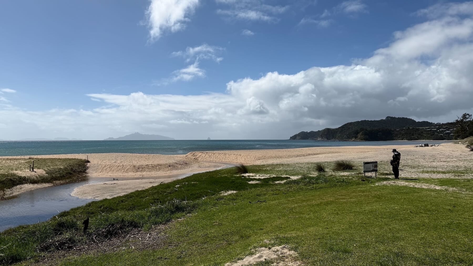 A stretch of golden sand seaward of grass, with hills in the background.