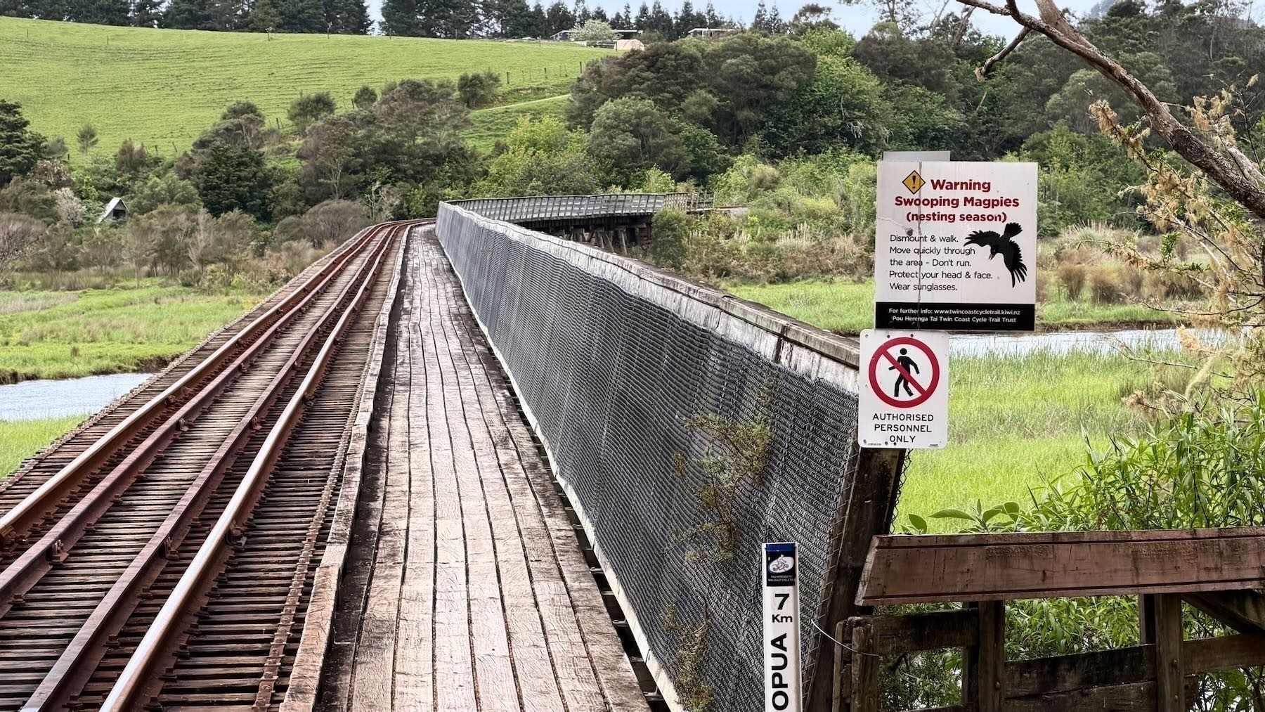 A long, curving, wooden rail bridge. 