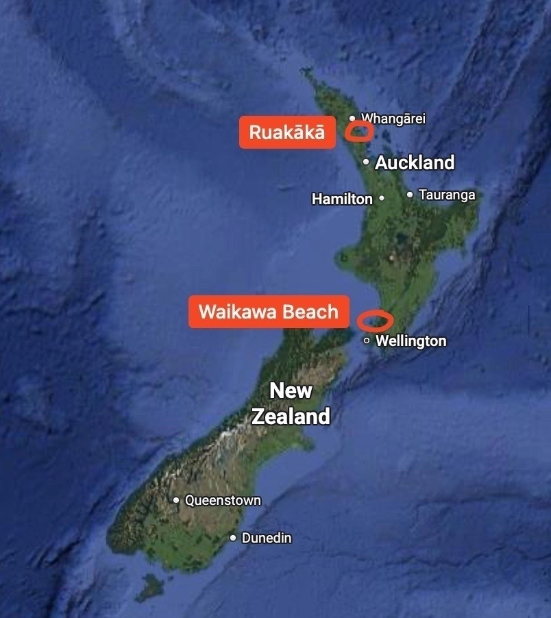 Map locations roughly marked with Waikawa Beach near the bottom of the North Island and Ruakākā near the top.