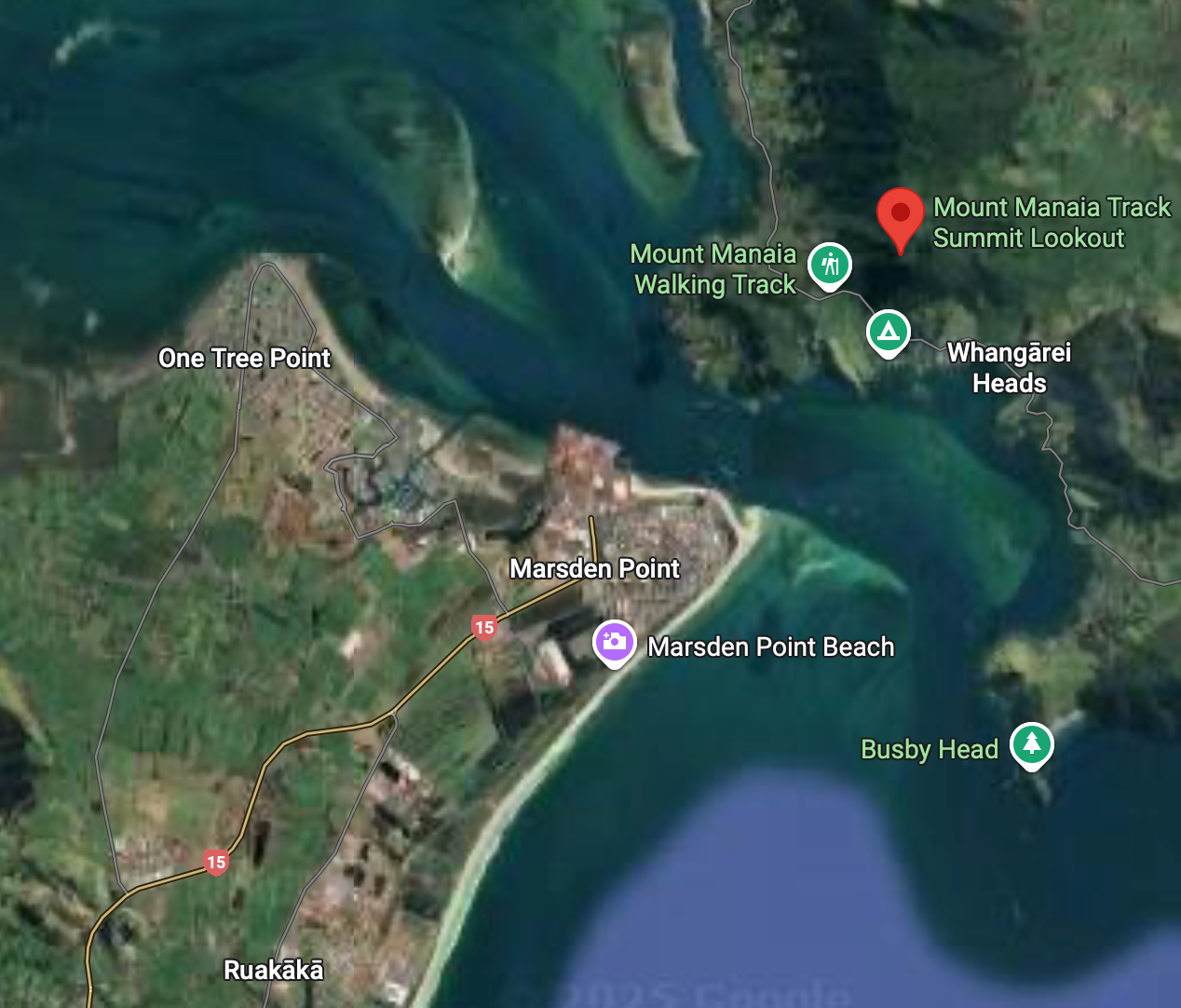 Map shows Marsden Point a little north of Ruakākā and east of One Tree Point. Across the narrow entry to Whangārei Harbour is Mt Manaia.