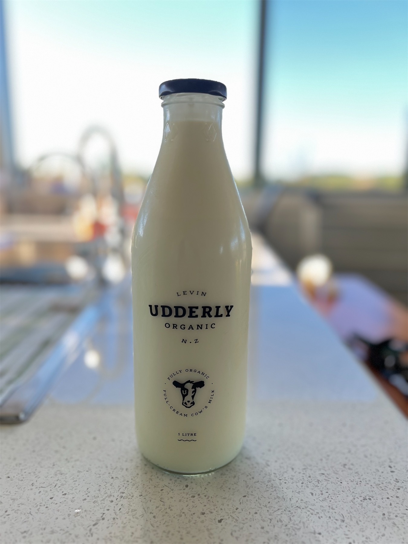 Milk in a glass bottle.