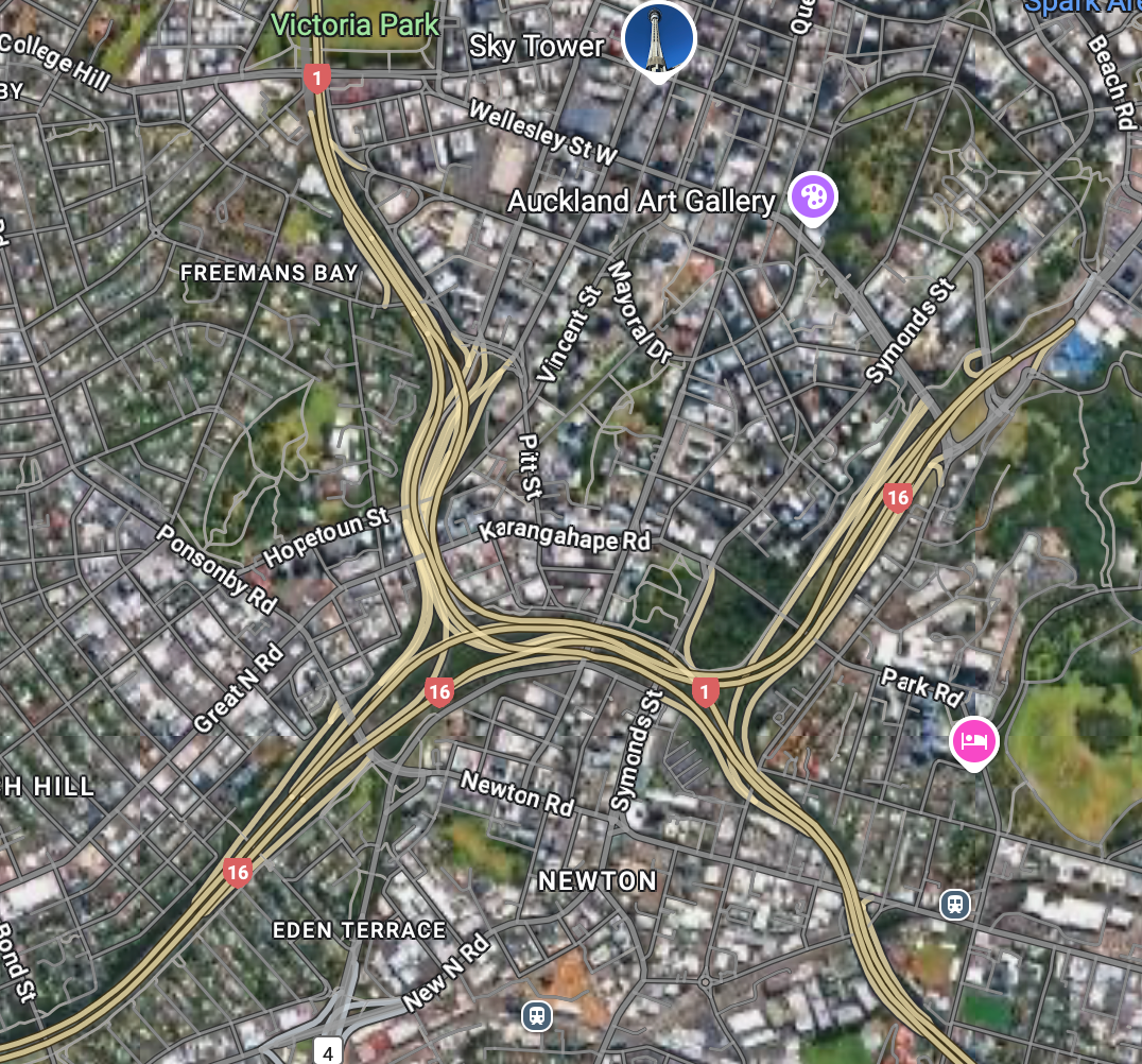 Map showing a tangle of motorway routes through Auckland.