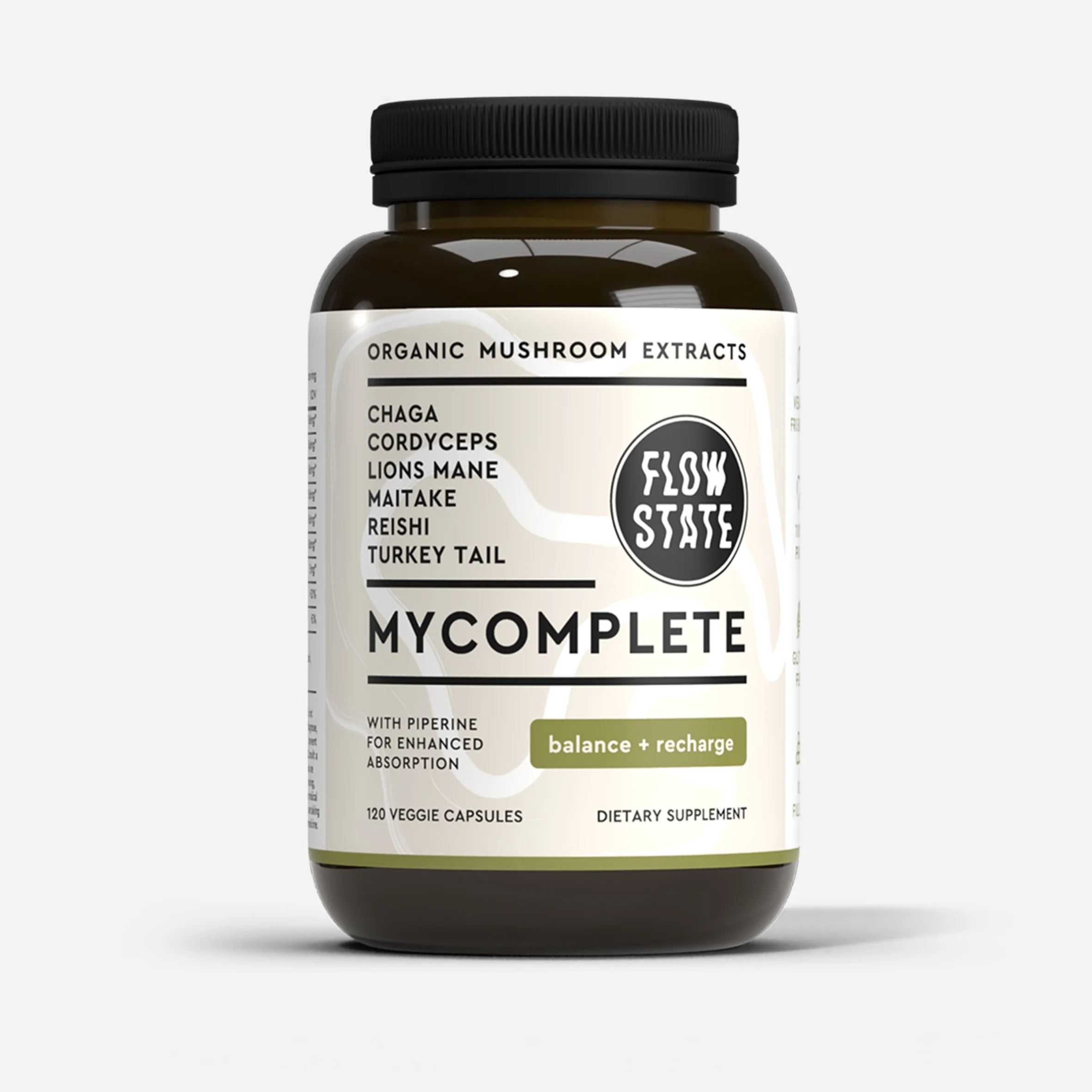 A bottle labelled MyComplete. Listed mushrooms include Lion’s Mane, Chaga, Cordyceps Militaris, Maitake, Reishi and Turkey Tail.