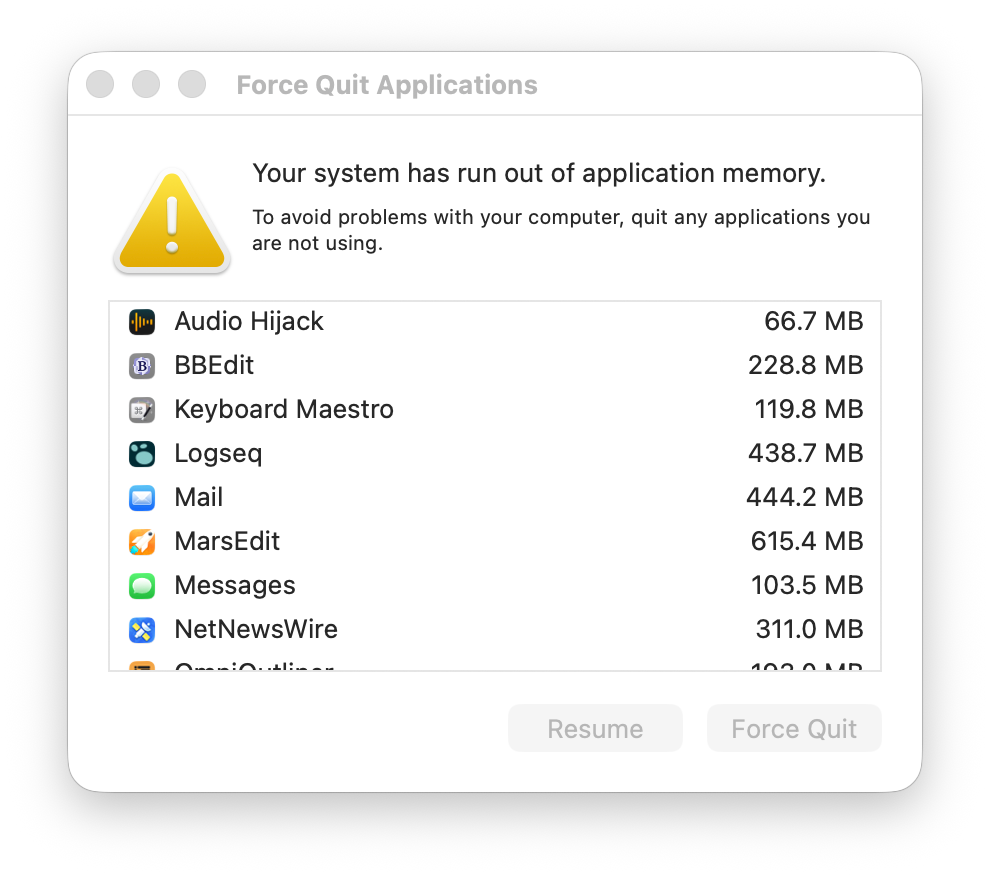 Error message advising my system has run out of application memory. 
