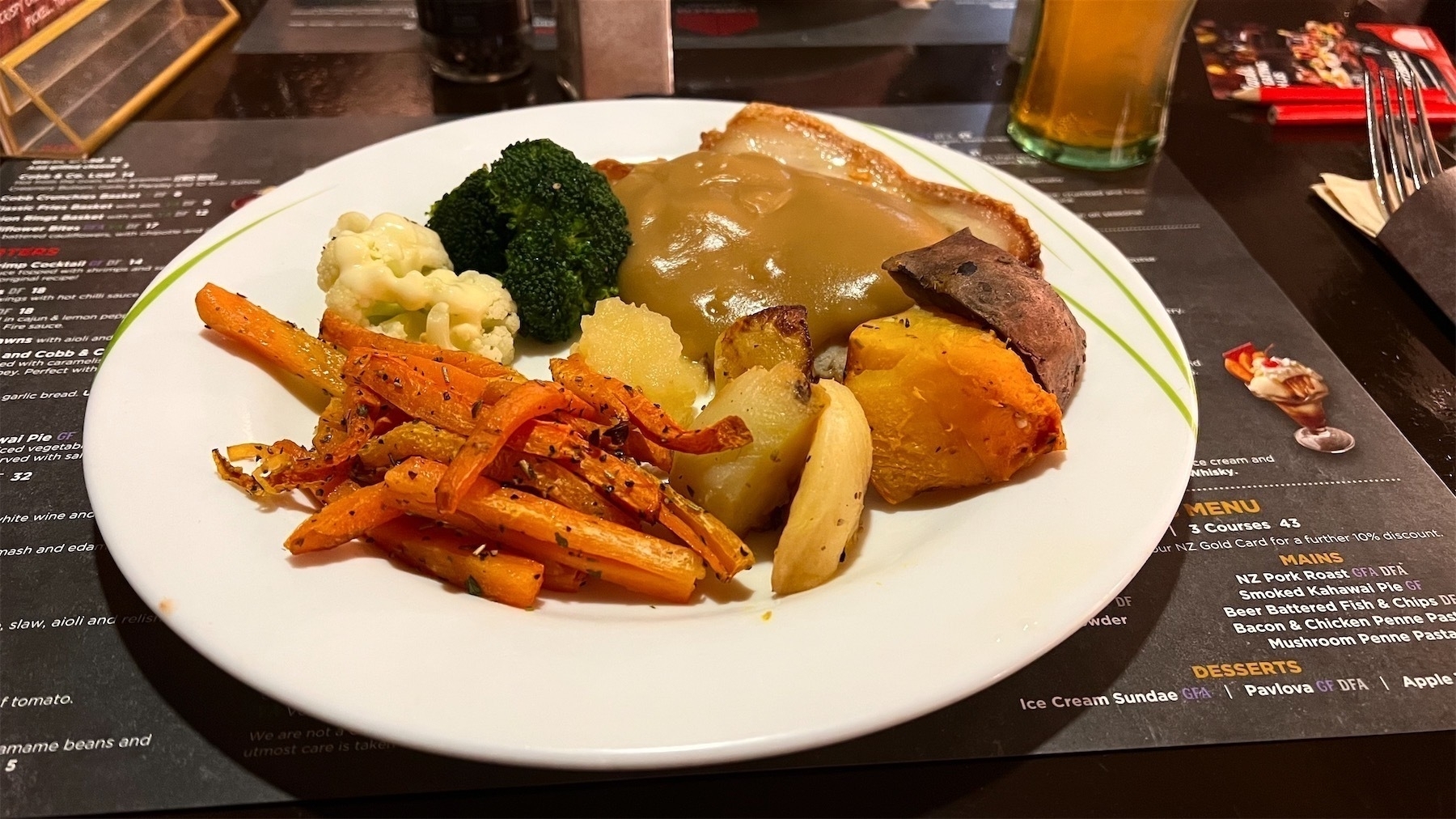 A plate of roast pork and vegetables.