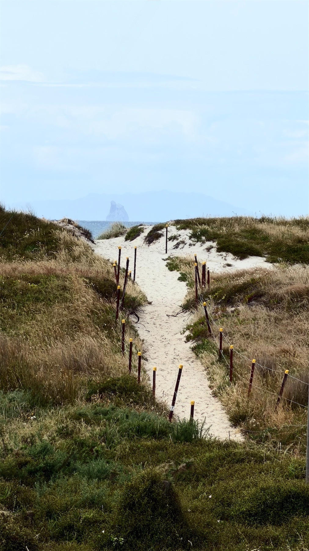 Sand track over the dunes leads the eye to a large triangular rock out at sea. 