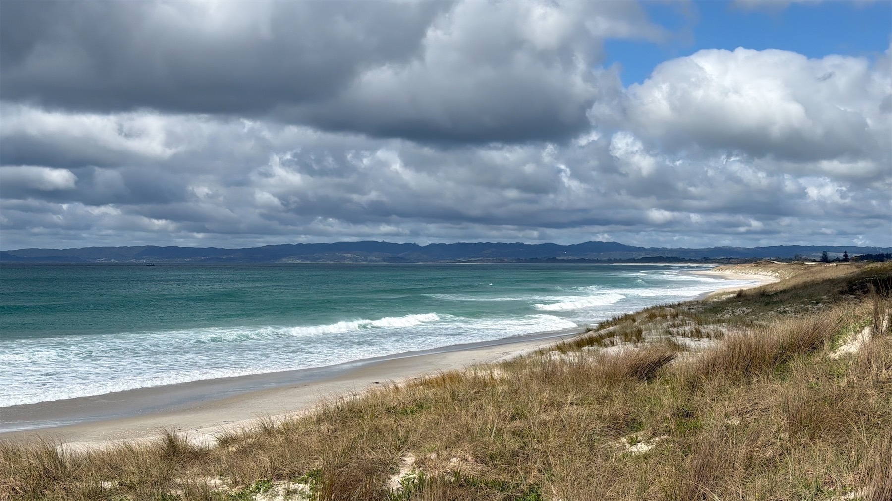 Dramatic cloudy sky above deep green sea, with a strip of beach and dunes. 