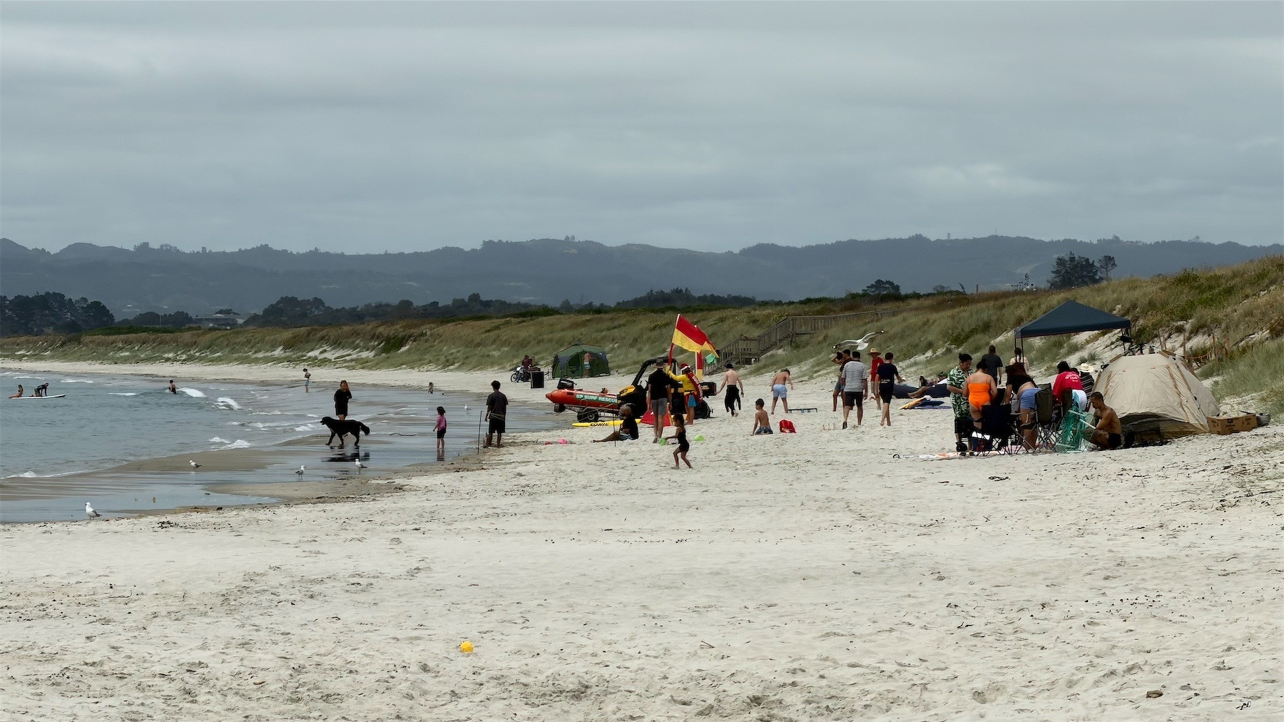 A white sand beach below a grey sky, Lifesaving flags fly, a crowd of people ar on the beach or in the water nearby.