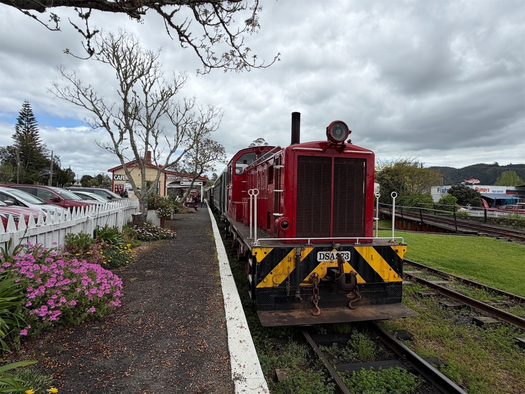 Vintage red train at the station. 