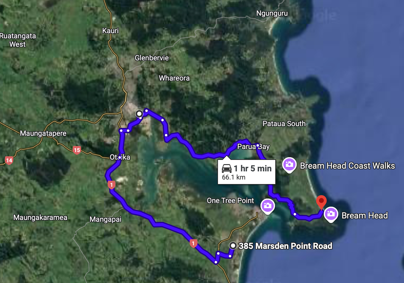 Map showing a route from Ruakākā, through central Whangārei to Ocean Beach on the east coast. 