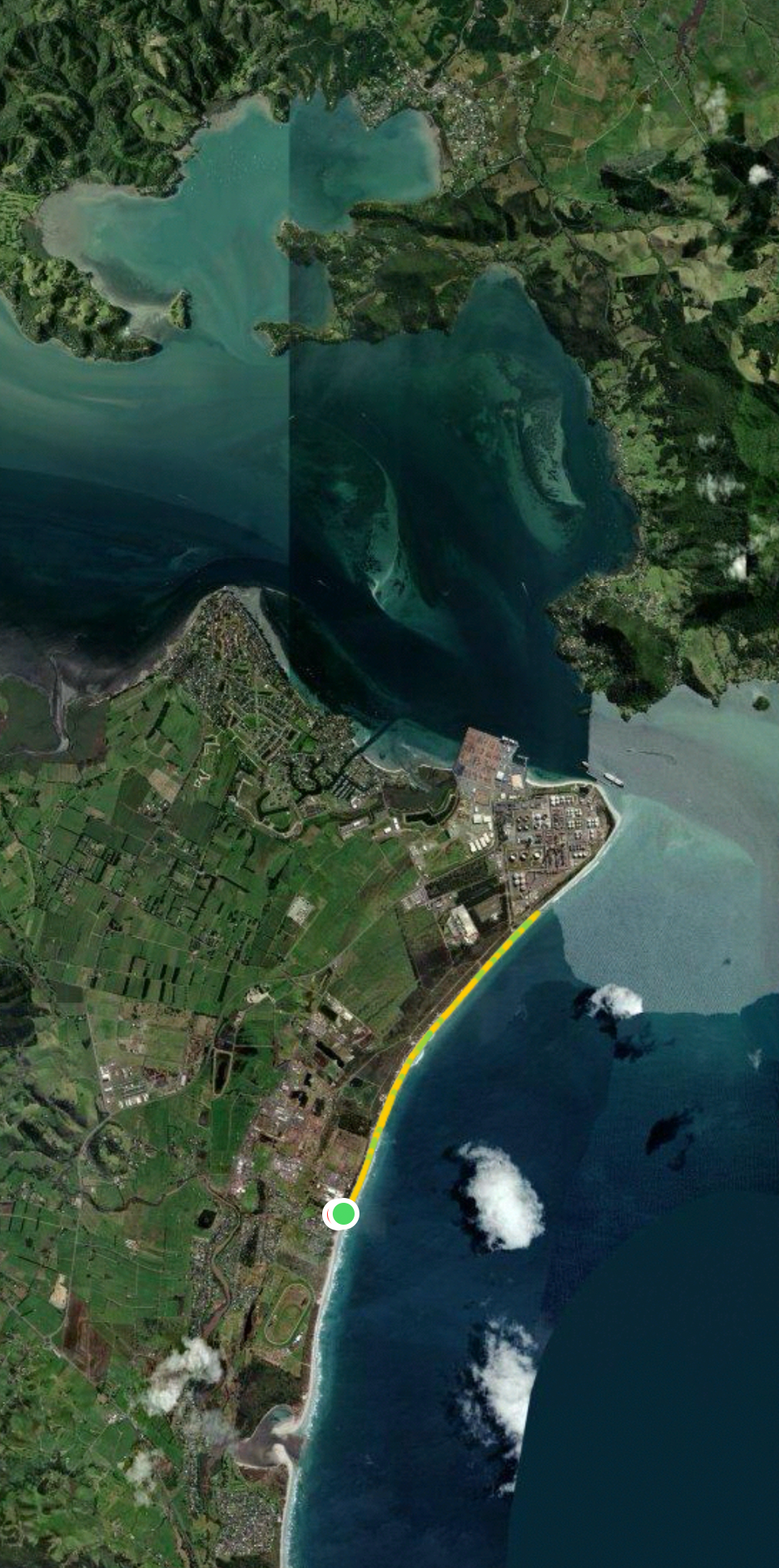 Map shows 8 Km return walk along the coast between Ruakākā and Marsden Point.