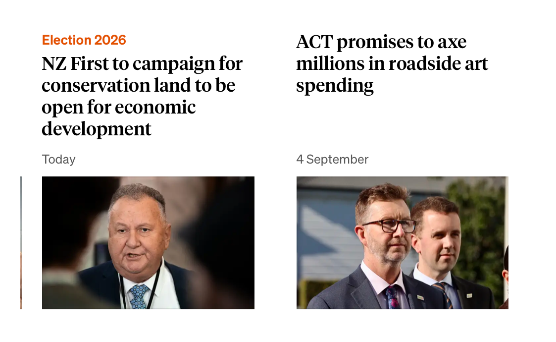 NZ First want to use conservation land for profit; ACT want to get rid of spending on roadside art. 