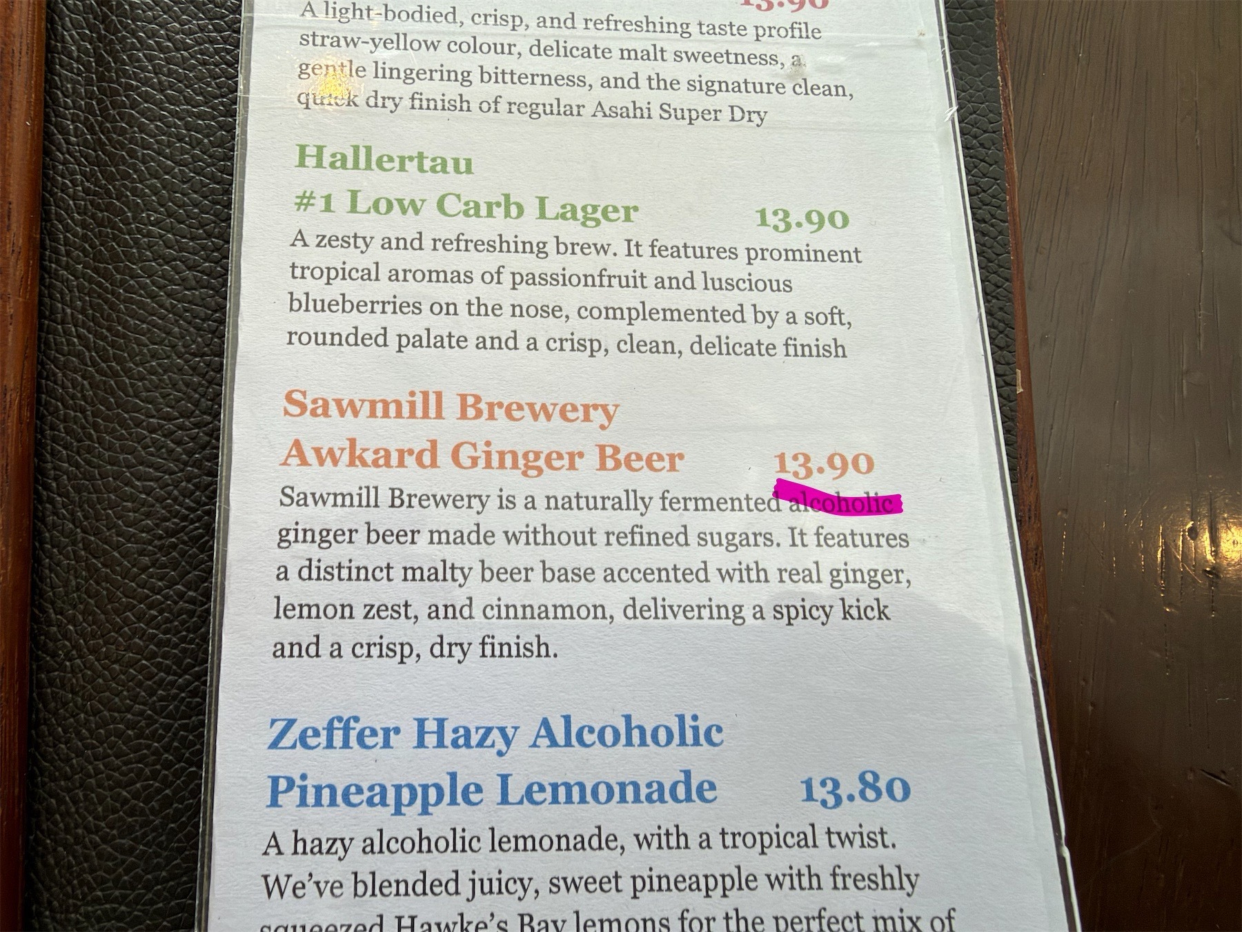 Alcoholic drinks list includes lager, alcoholic lemonade and a clearly marked alcoholic ginger beer.
