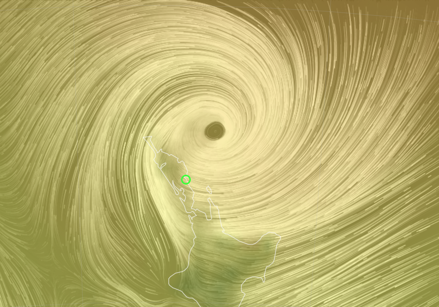Wind map shows cyclone eye a little offshore.
