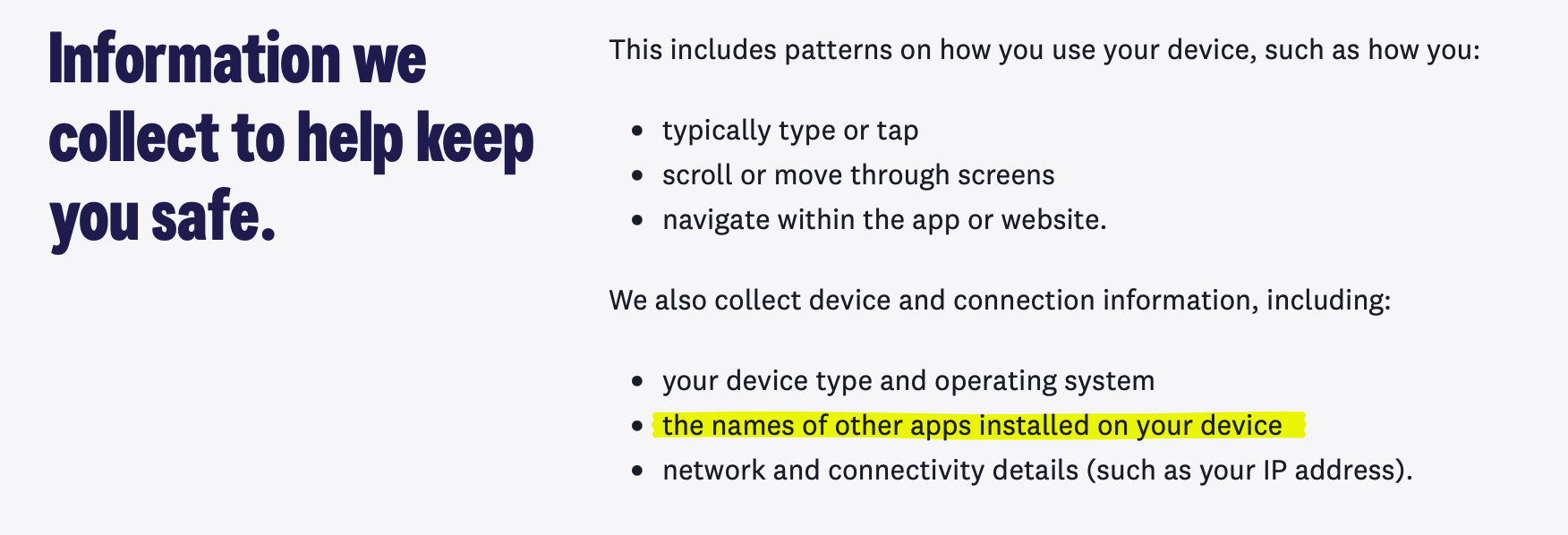 Screenshot of info the bank is collecting.