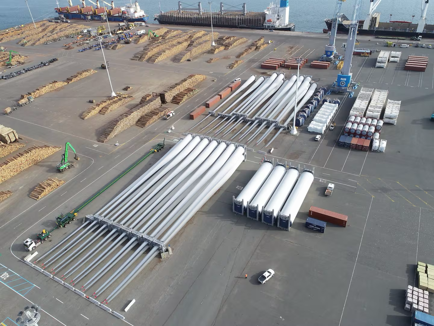 Huge turbine blades at the port - aerial view.
