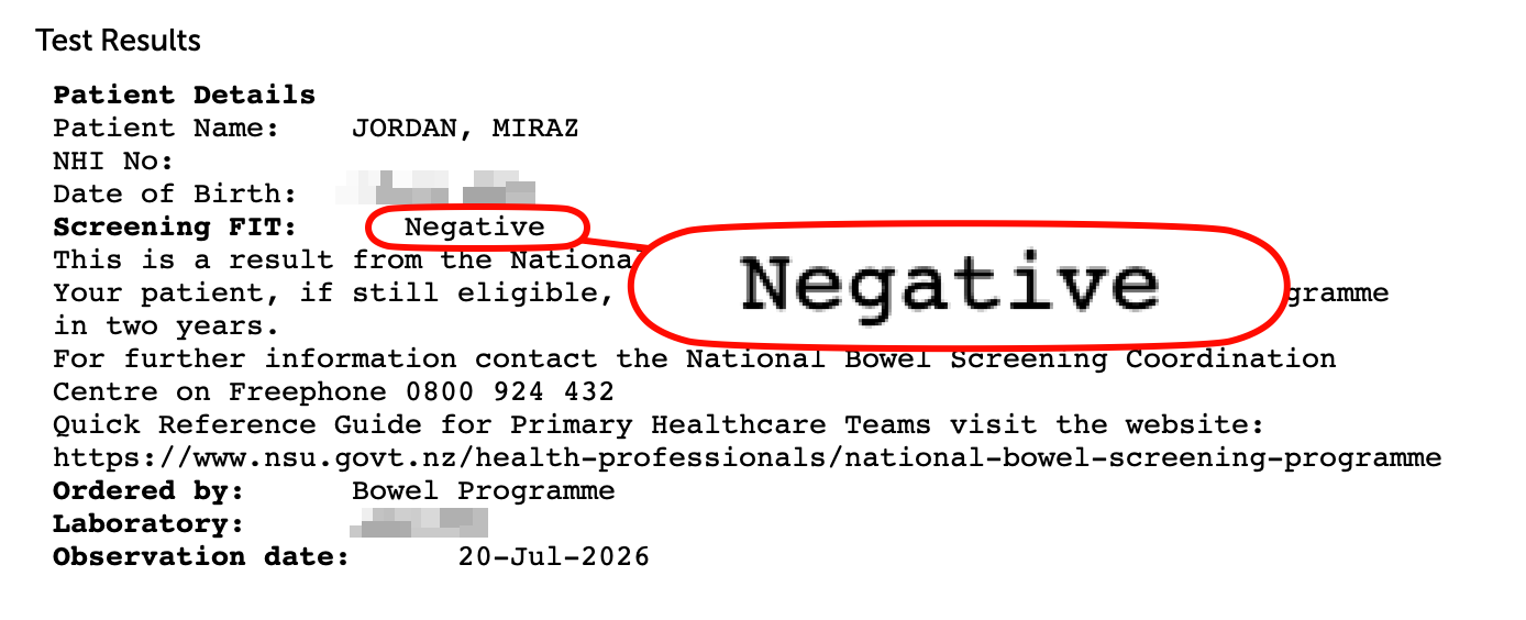 Negative result for bowel cancer.
