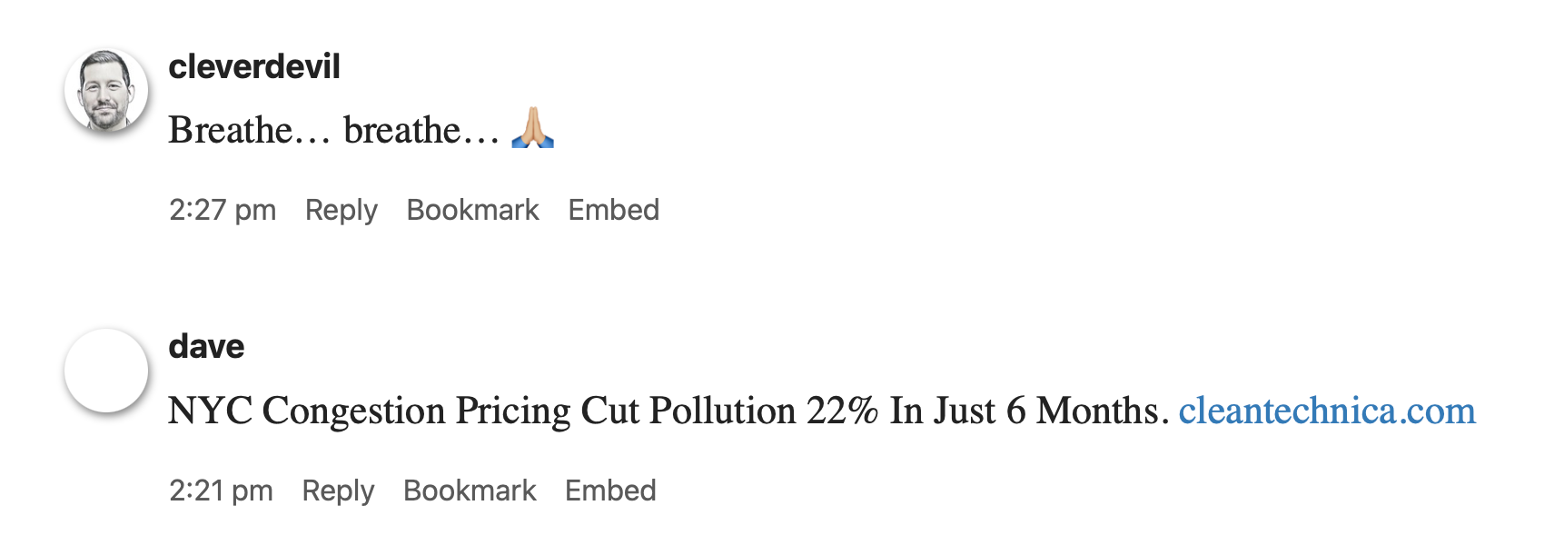 One post mentions NYC congestion pricing raidly cutting pollution. The next says Breathe … breathe…