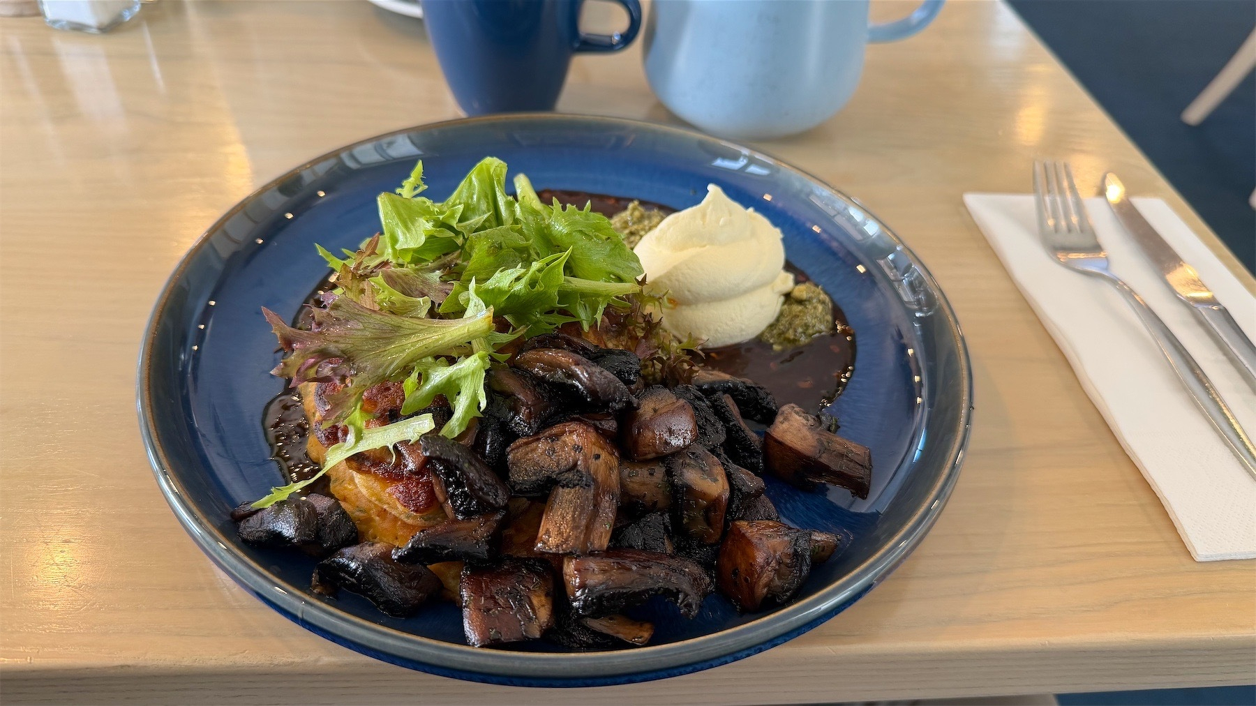 Corn fritters and mushrooms.