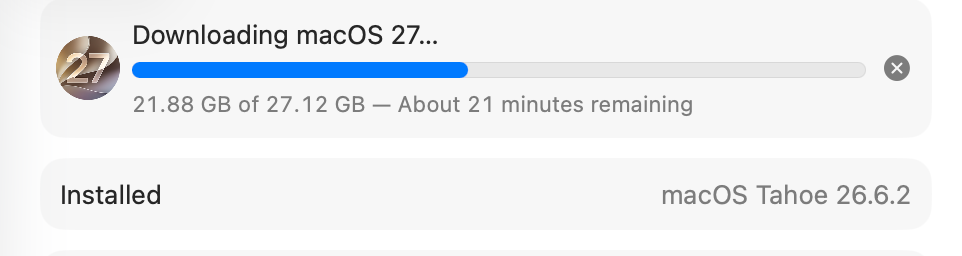 Status message showing a download of 27.12GB with 21 minutes and about 6 GB remaining.