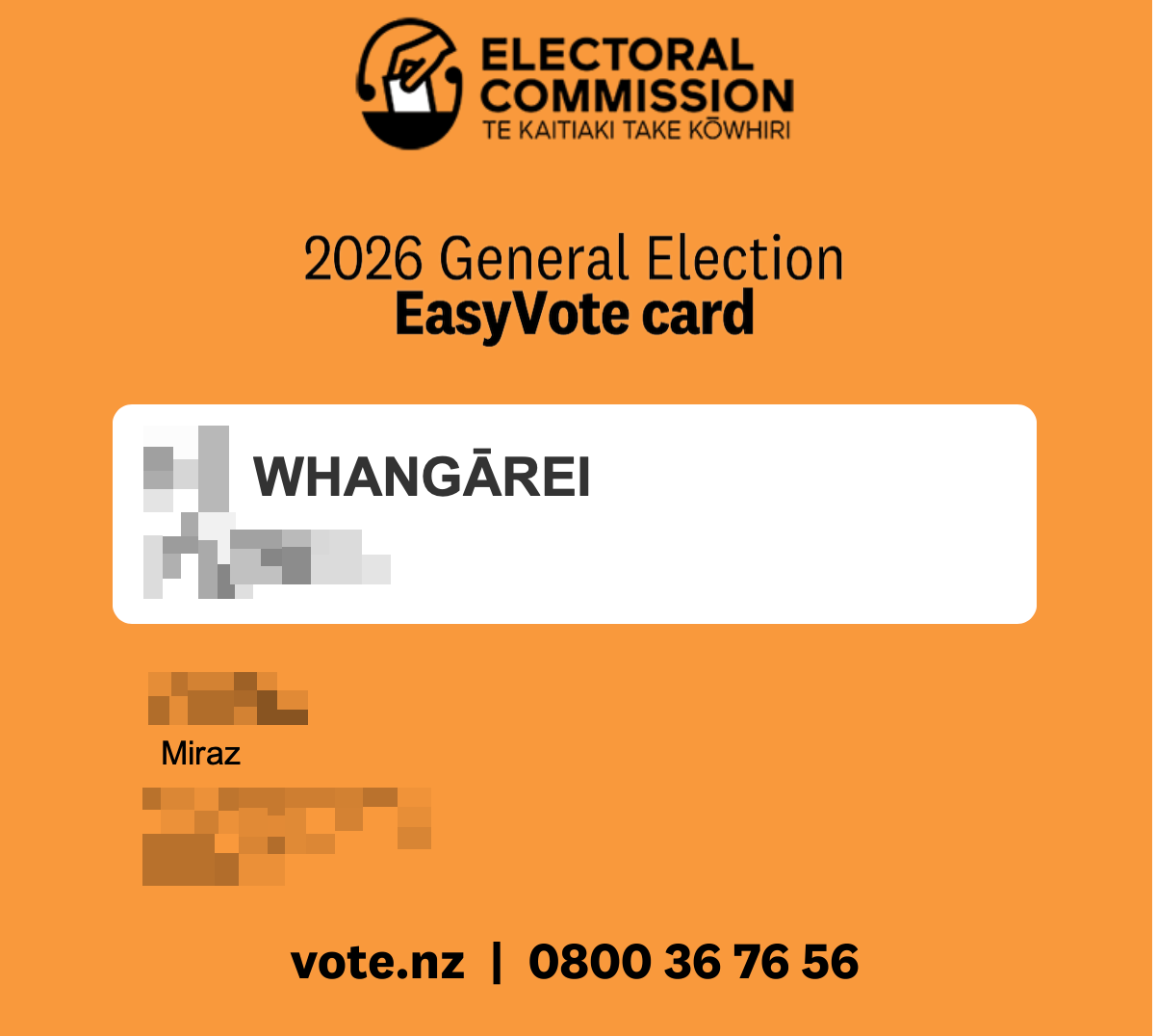 Easy Vote card with key information obscured. 