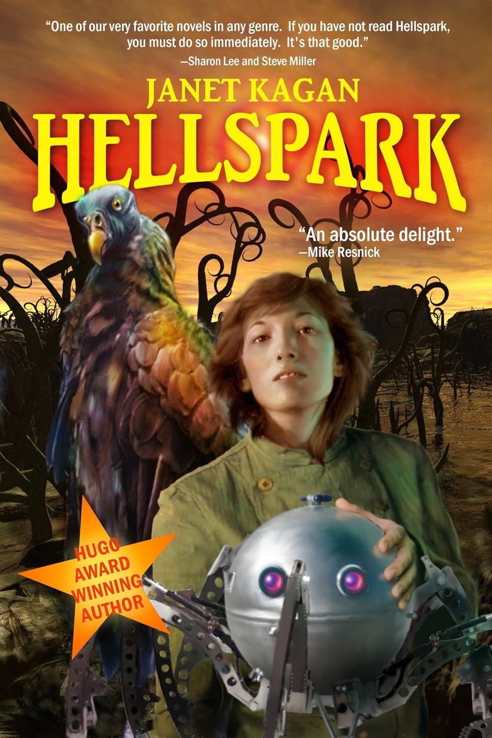 Book cover: Hellspark. Shows a young woman, a robot and a huge bird on a strange planet.