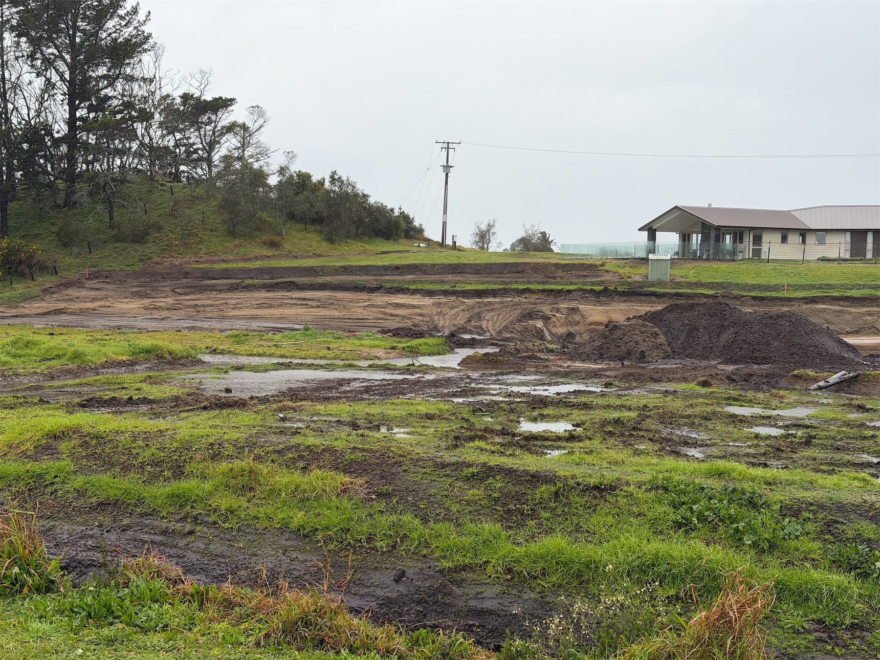 Waterlogged landscape of grass and bare soil.