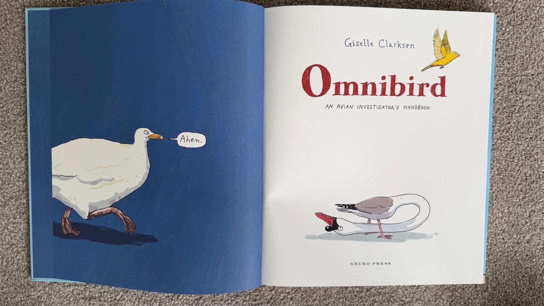 Two internal facing pages show a fat white bird on one side saying Ahem, and on the other a white swan-like bird with a very long neck reaching all the way back beneath its body in a kind of extreme yoga pose. The style is humorous and cartoony.